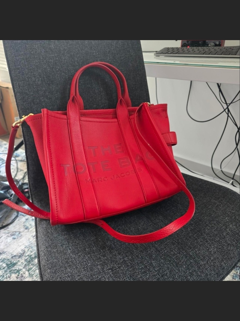 Marc Jacobs Leather Red The Tote Bag (MEDIUM)